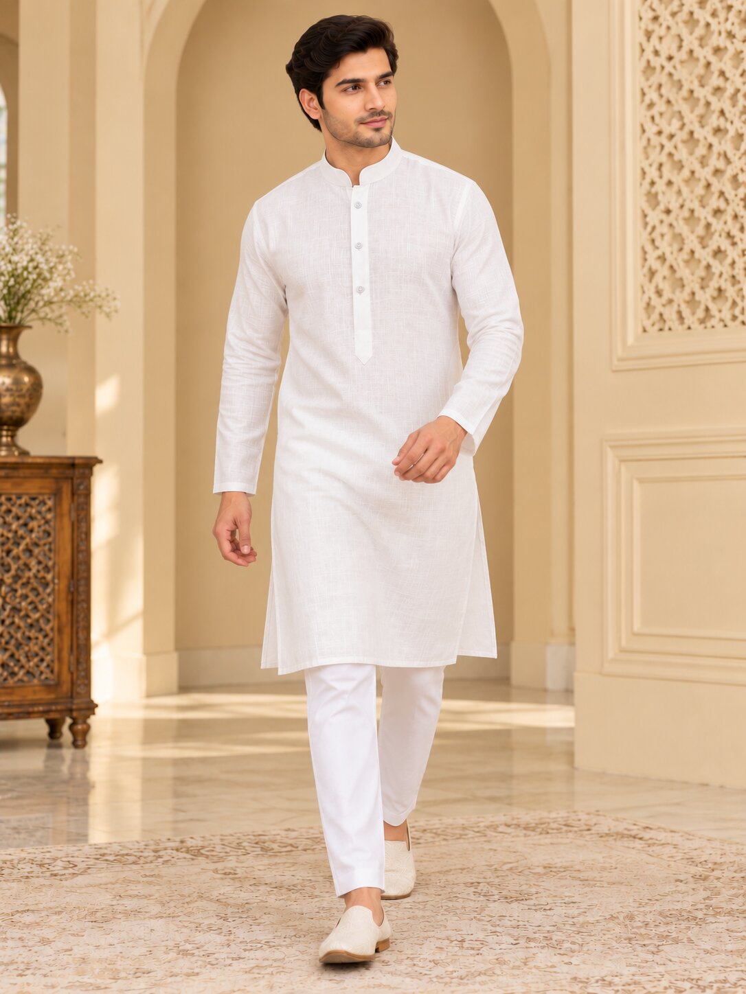 Men's Off White Kurta Pyjama Set