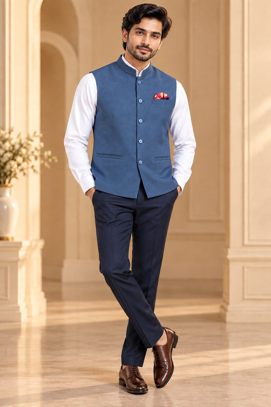 Men's Blue Solid Nehru Jacket