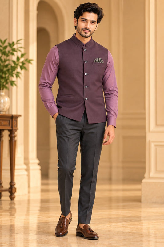 Men's Wine Solid Nehru Jacket