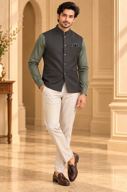 Men's Mehndi Solid Nehru Jacket