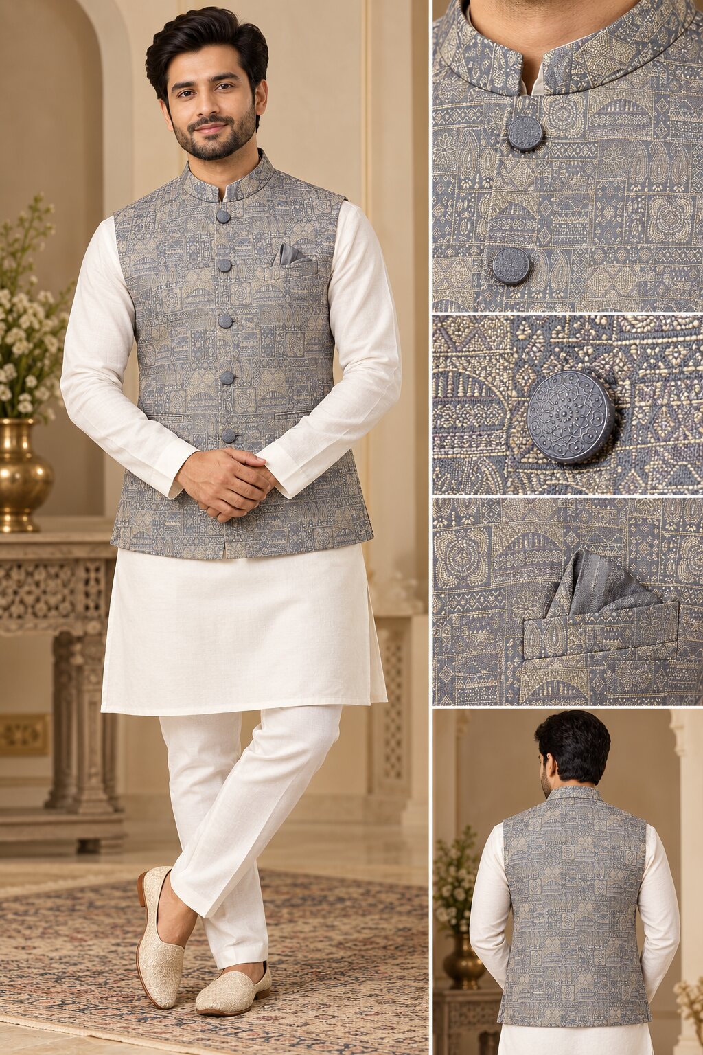Men's Light Grey Printed Nehru Jacket