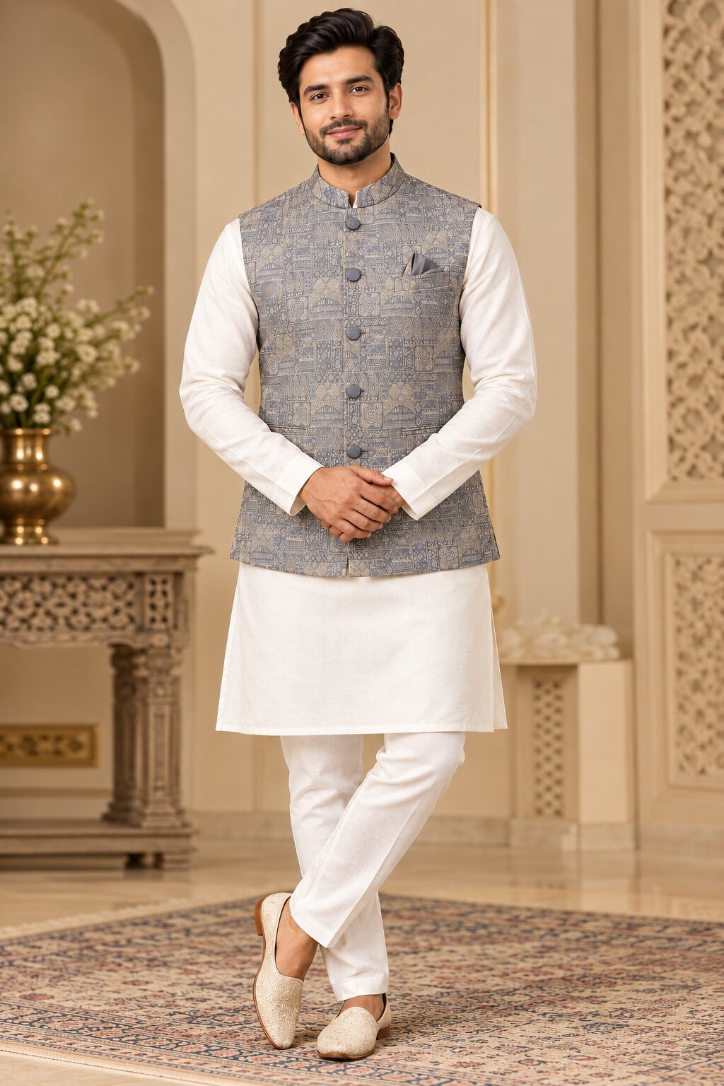 Men's Light Grey Printed Nehru Jacket
