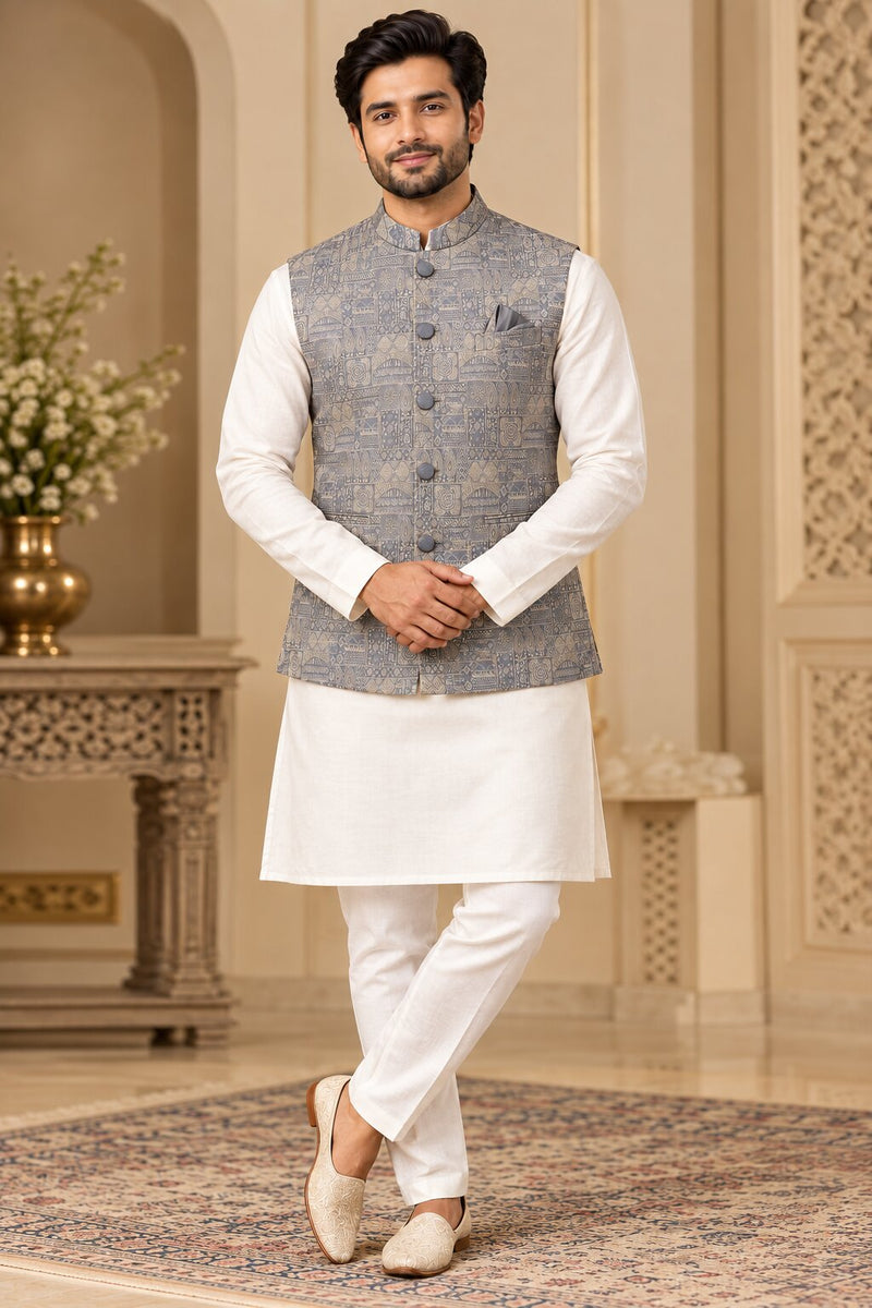 Men's Light Grey Printed Nehru Jacket