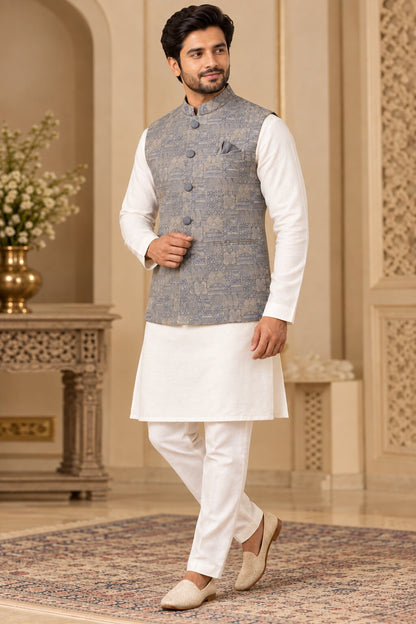 Men's Light Grey Printed Nehru Jacket