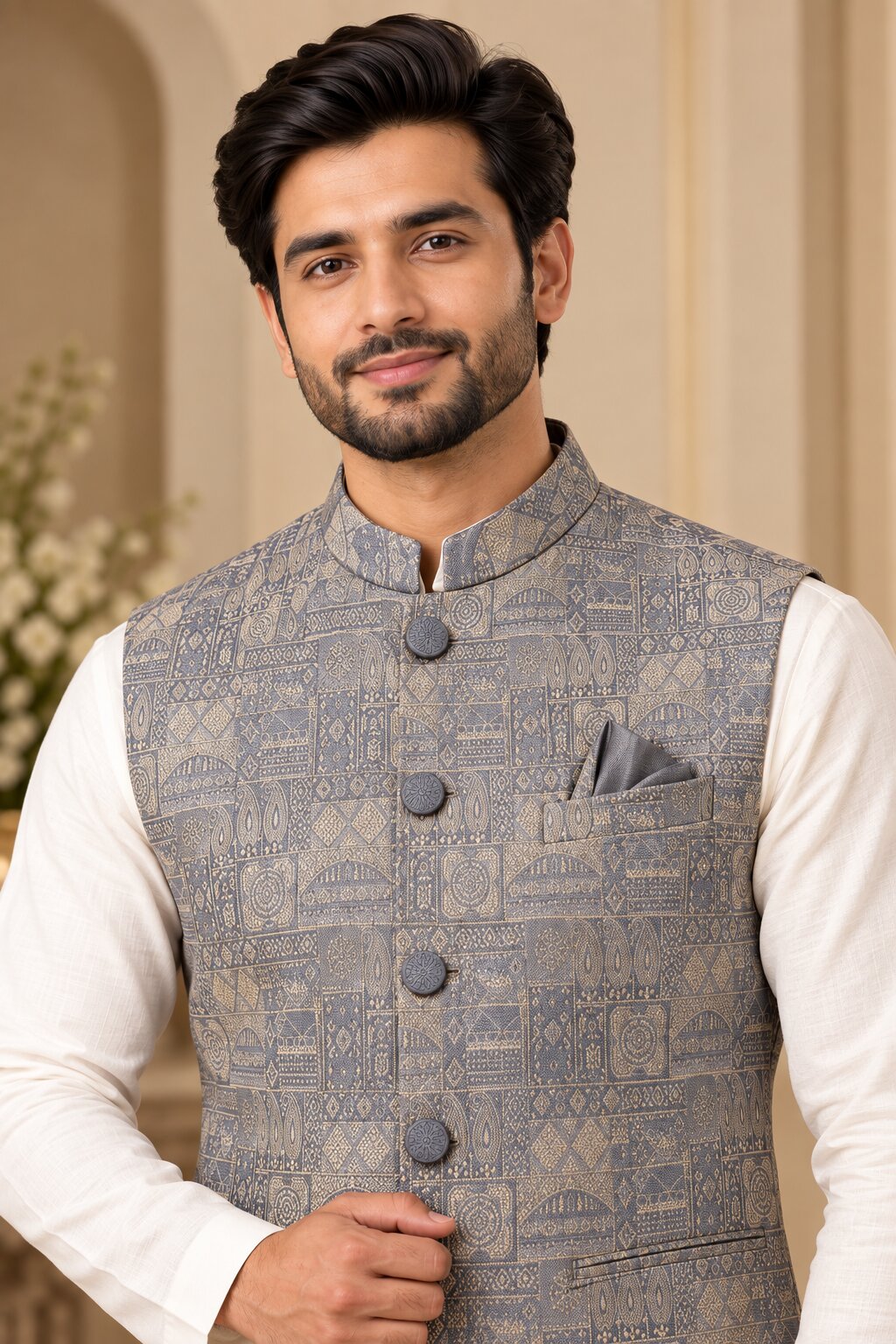 Men's Light Grey Printed Nehru Jacket
