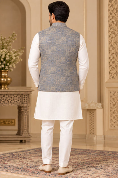 Men's Light Grey Printed Nehru Jacket
