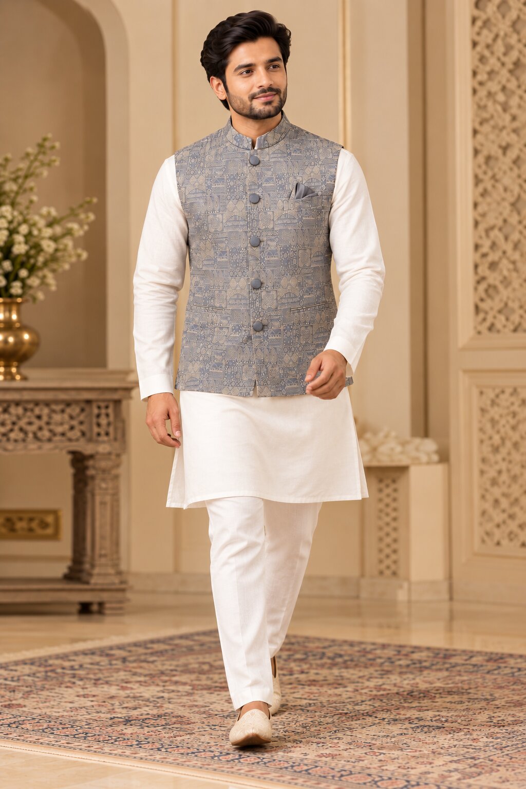 Men's Light Grey Printed Nehru Jacket