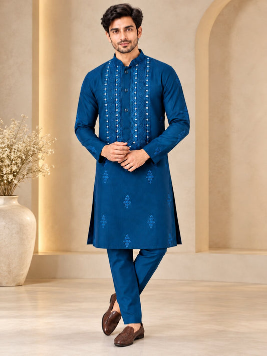 Men's Rama Blue Embroidered Kurta Pyjama Set