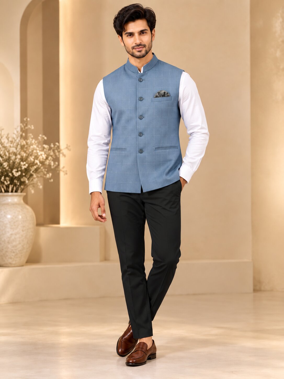 Men's Grey Checkered Nehru Jacket