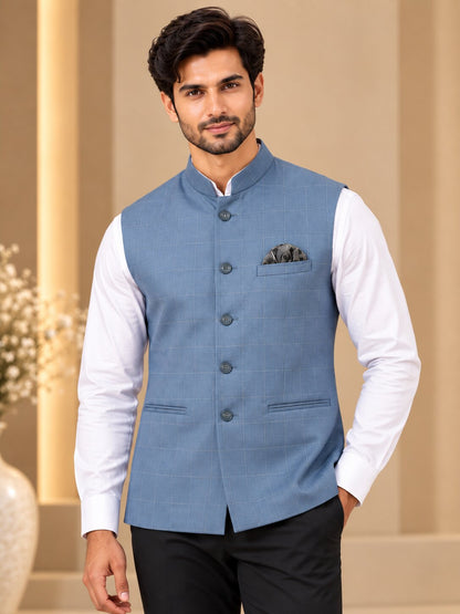 Men's Grey Checkered Nehru Jacket