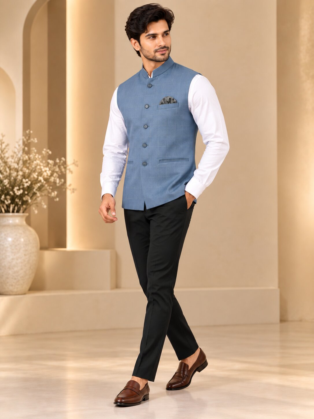Men's Grey Checkered Nehru Jacket