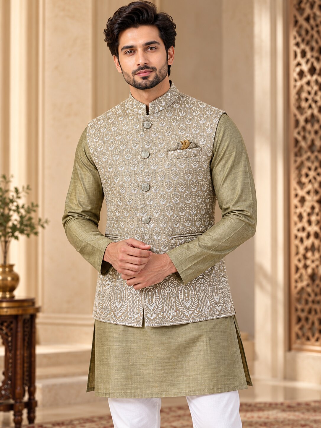 Men's Fawn Printed Nehru Jacket