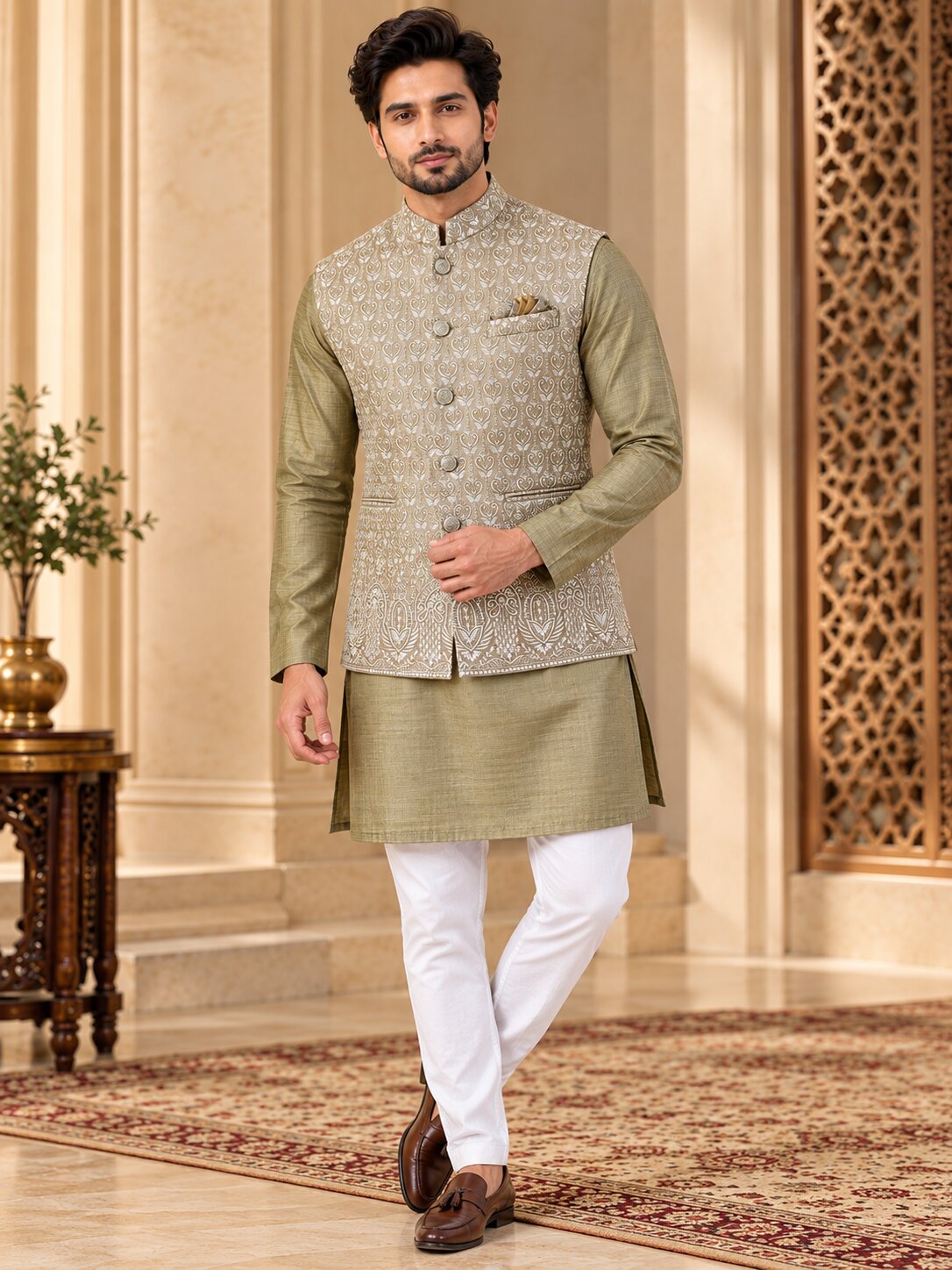Men's Fawn Printed Nehru Jacket
