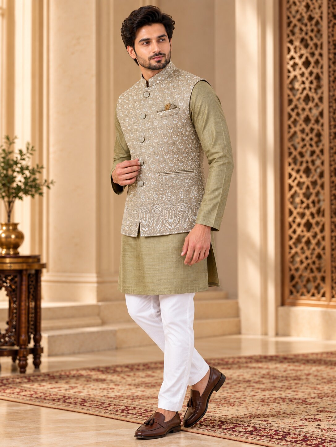 Men's Fawn Printed Nehru Jacket