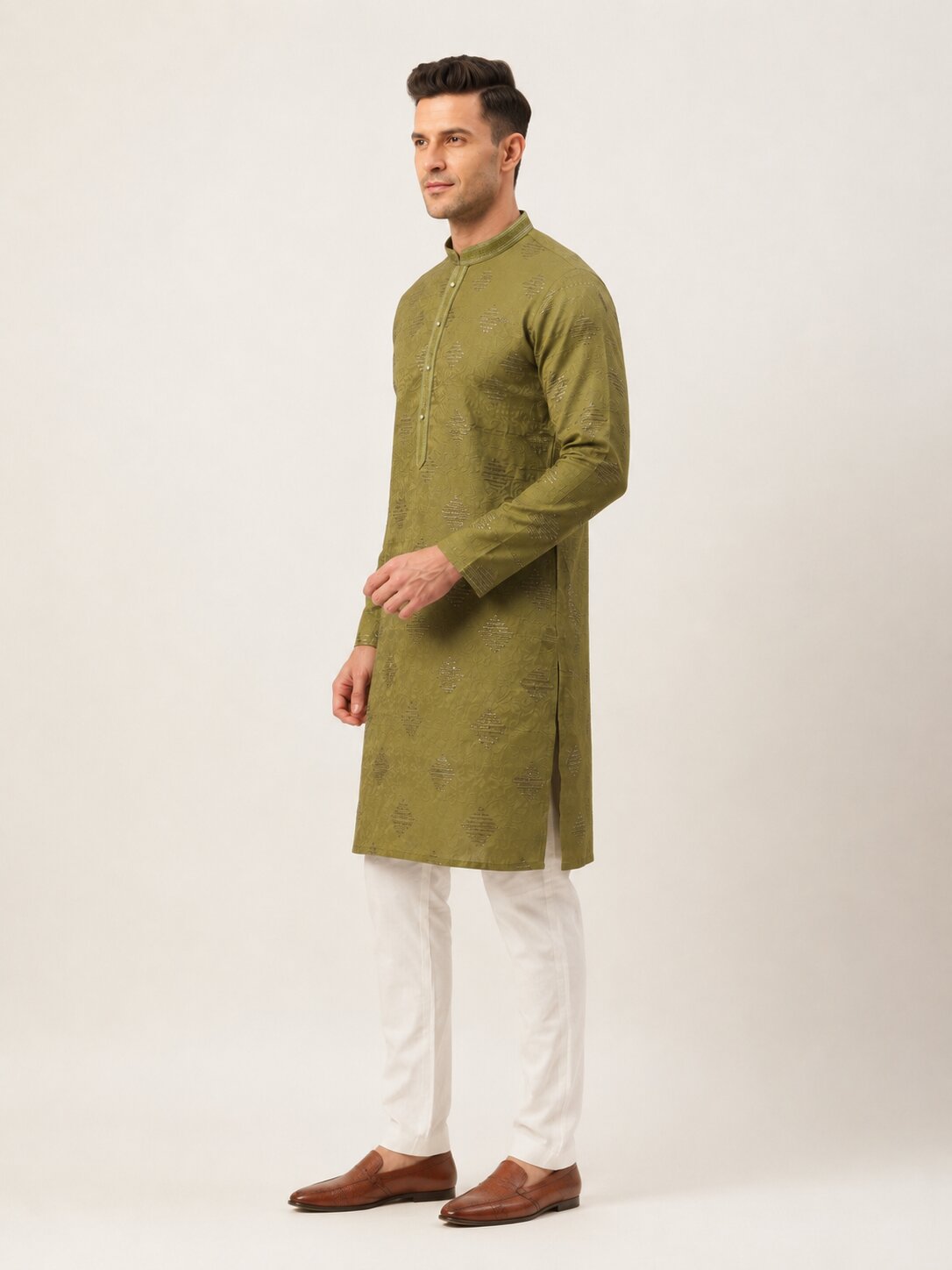 Mehandi Printed Kurta Pyjama Set for Men