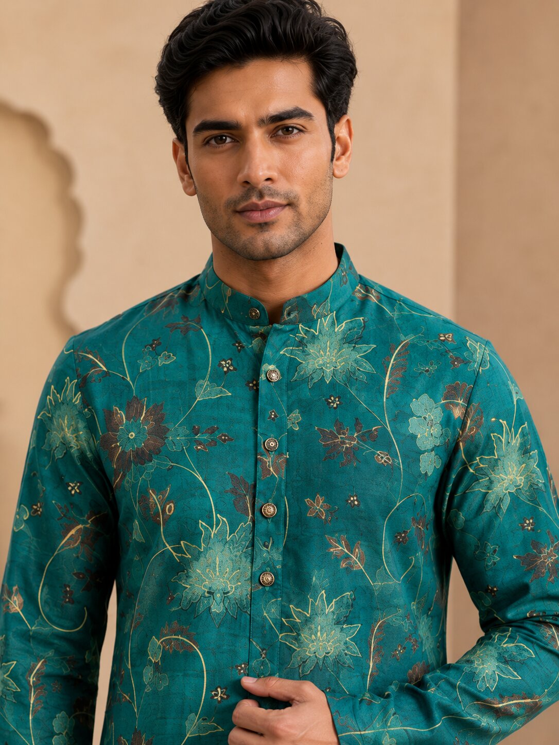 Bright Green Floral Printed Kurta Pyjama Set for Men
