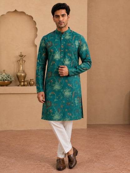 Bright Green Floral Printed Kurta Pyjama Set for Men