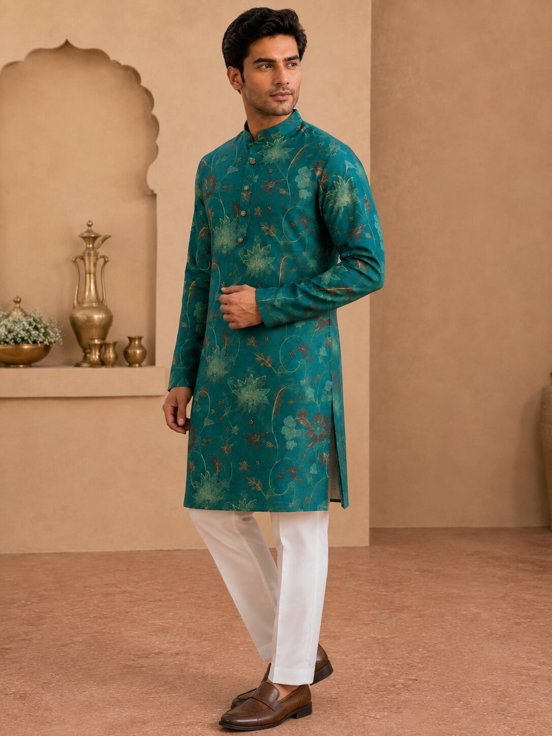 Bright Green Floral Printed Kurta Pyjama Set for Men