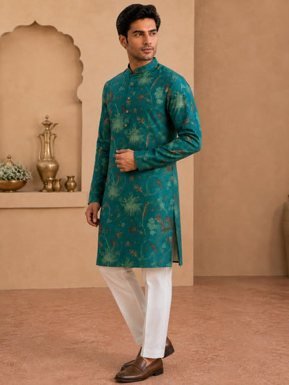 Bright Green Floral Printed Kurta Pyjama Set for Men
