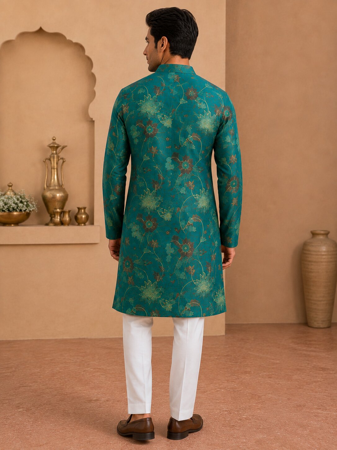 Bright Green Floral Printed Kurta Pyjama Set for Men