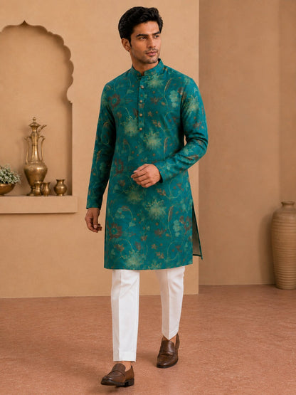 Bright Green Floral Printed Kurta Pyjama Set for Men