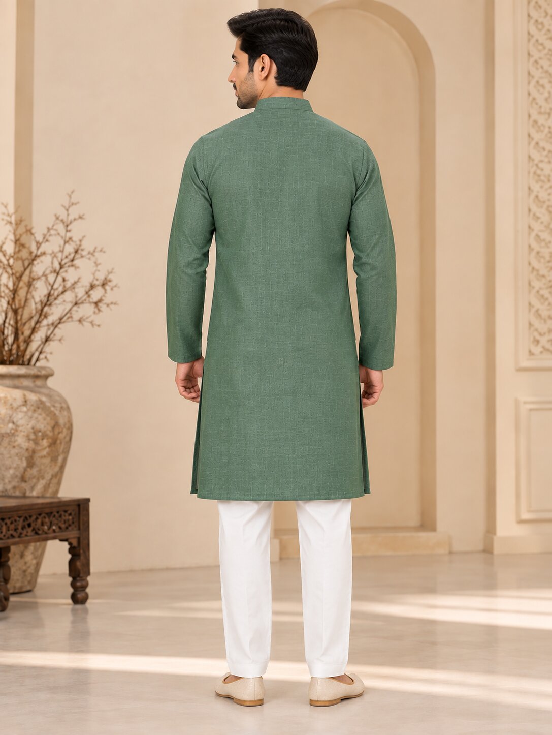 Men Premium Green Textured Kurta Pyjama Set
