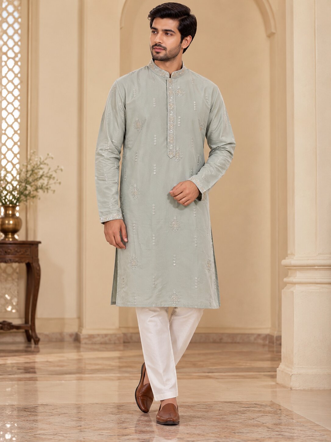 Light Grey Embroidered Kurta Pyjama Set for Men