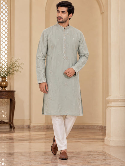 Light Grey Embroidered Kurta Pyjama Set for Men