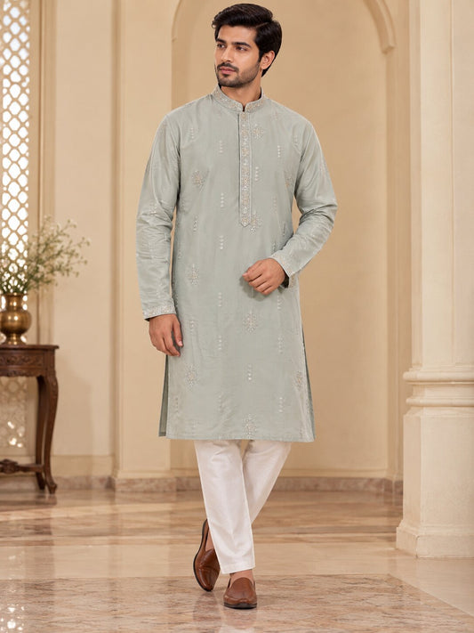Light Grey Embroidered Kurta Pyjama Set for Men