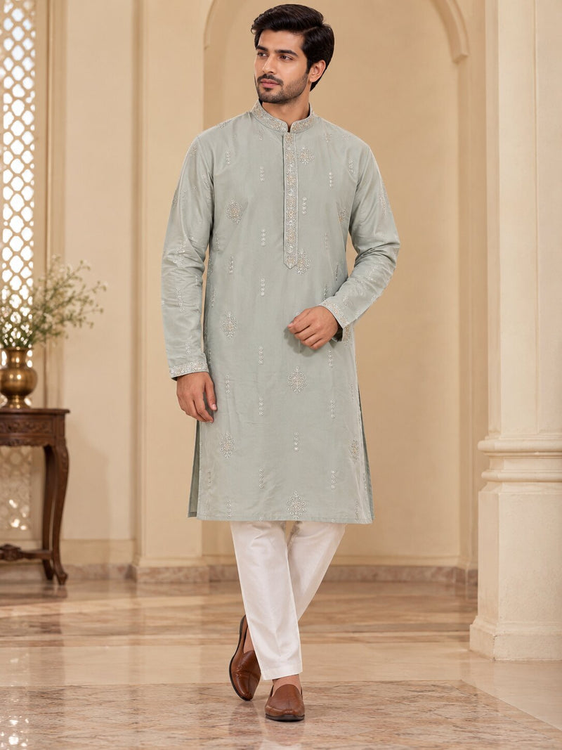 Light Grey Embroidered Kurta Pyjama Set for Men
