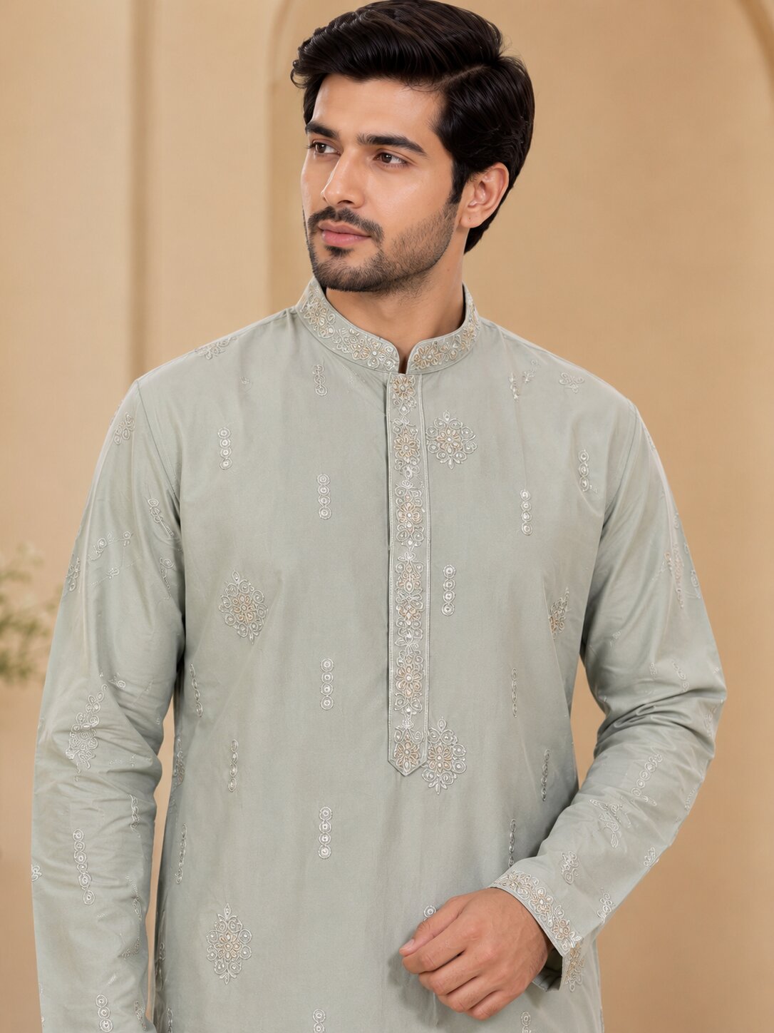 Light Grey Embroidered Kurta Pyjama Set for Men