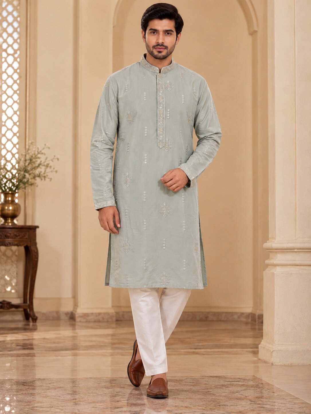 Light Grey Embroidered Kurta Pyjama Set for Men