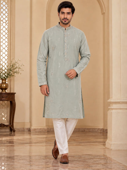 Light Grey Embroidered Kurta Pyjama Set for Men