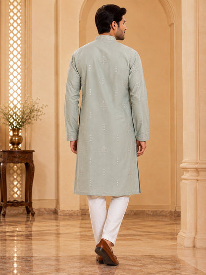 Light Grey Embroidered Kurta Pyjama Set for Men