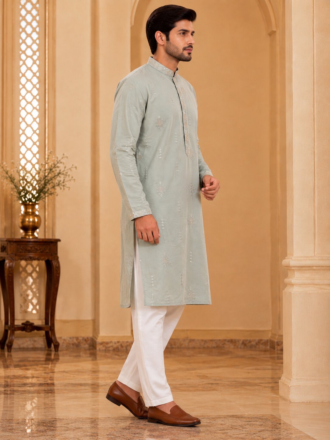Light Grey Embroidered Kurta Pyjama Set for Men