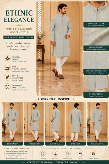Light Grey Embroidered Kurta Pyjama Set for Men