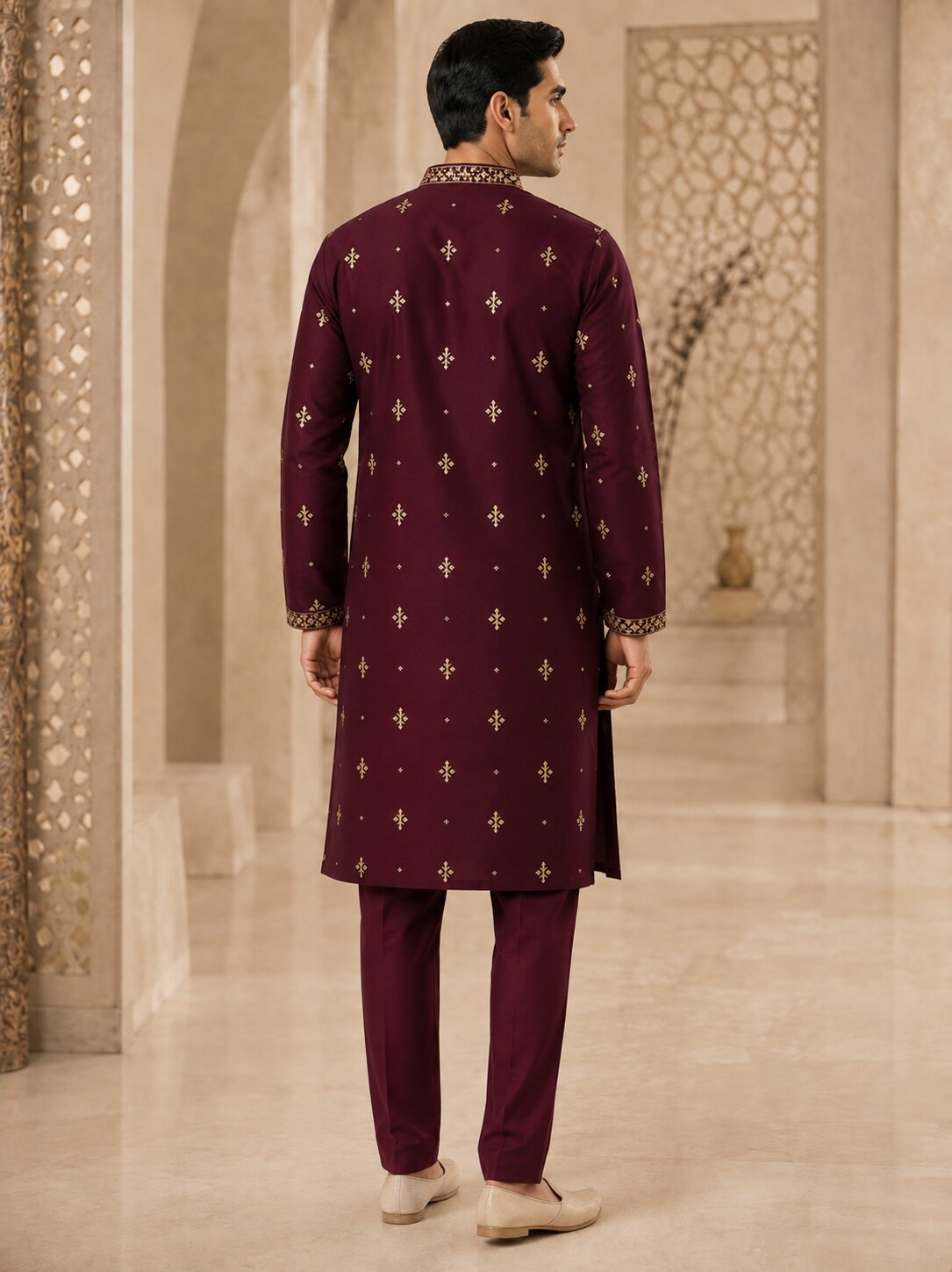 Wine Embroidered Kurta Pyjama Set