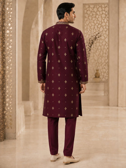 Wine Embroidered Kurta Pyjama Set