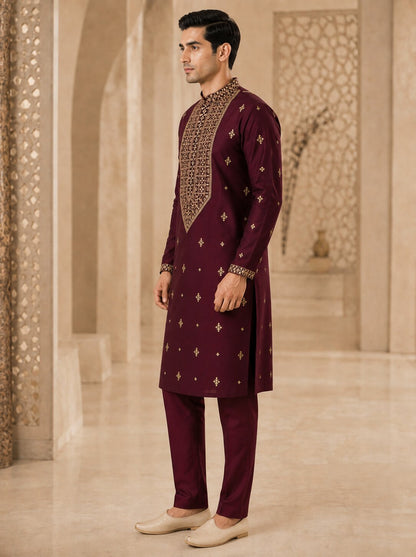 Wine Embroidered Kurta Pyjama Set