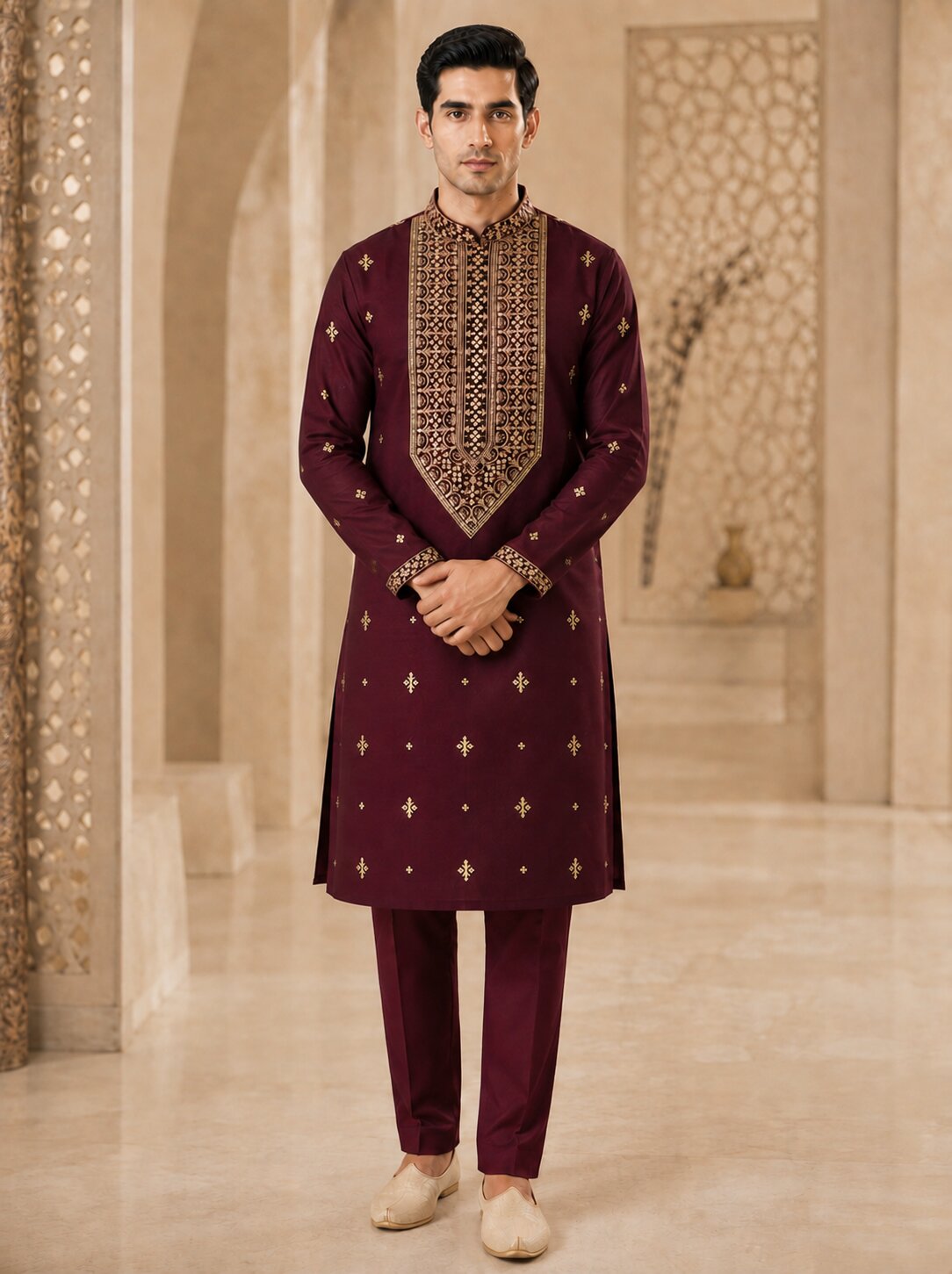 Wine Embroidered Kurta Pyjama Set