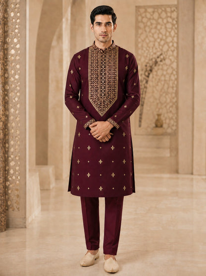 Wine Embroidered Kurta Pyjama Set