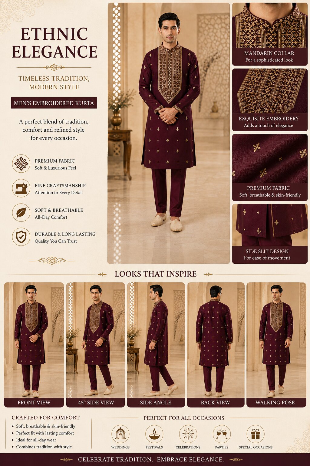 Wine Embroidered Kurta Pyjama Set