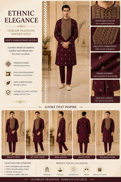 Wine Embroidered Kurta Pyjama Set