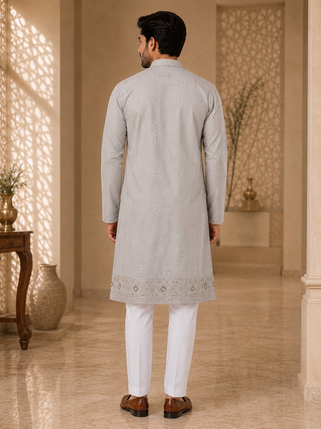 Light Peach Embroidered Kurta Pyjama Set
