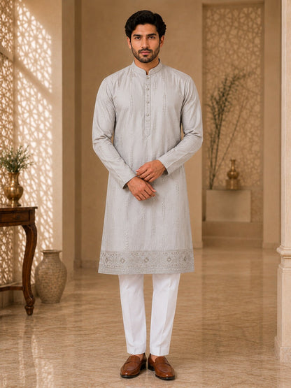 Light Peach Embroidered Kurta Pyjama Set