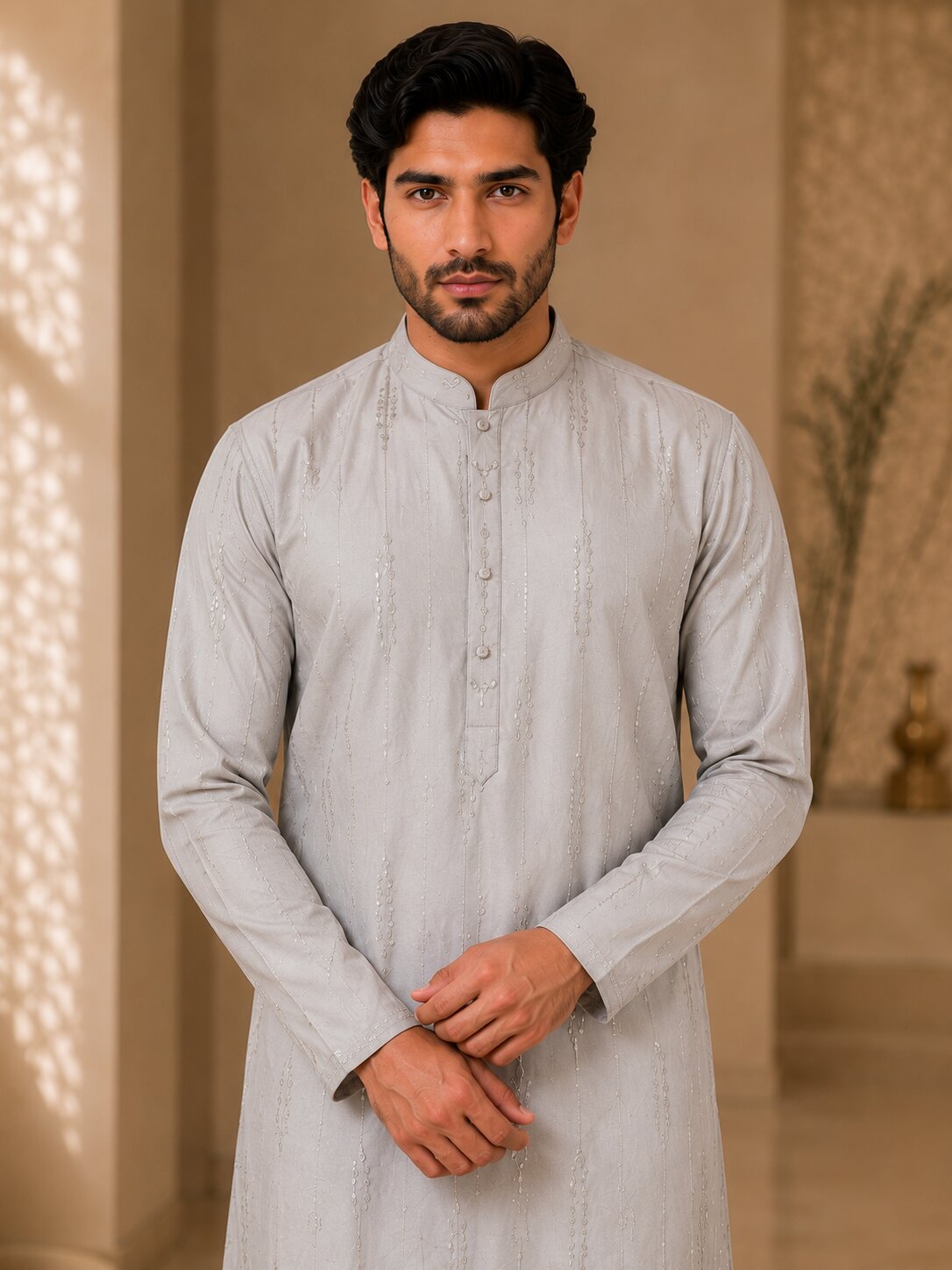 Light Peach Embroidered Kurta Pyjama Set