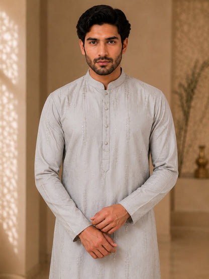 Light Peach Embroidered Kurta Pyjama Set