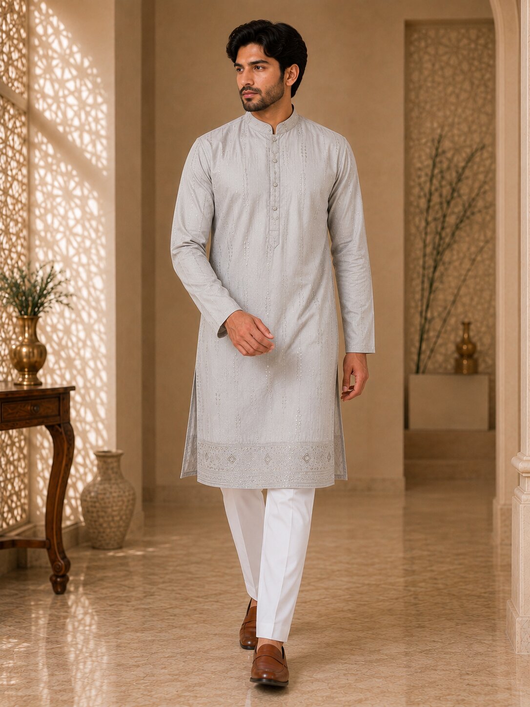 Light Peach Embroidered Kurta Pyjama Set