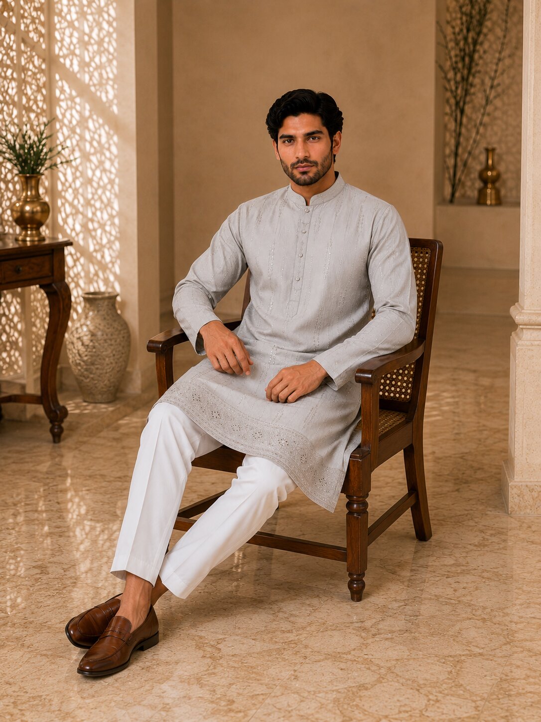 Light Peach Embroidered Kurta Pyjama Set