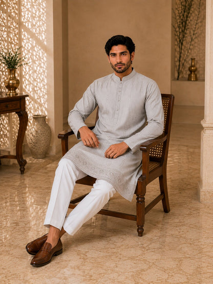 Light Peach Embroidered Kurta Pyjama Set